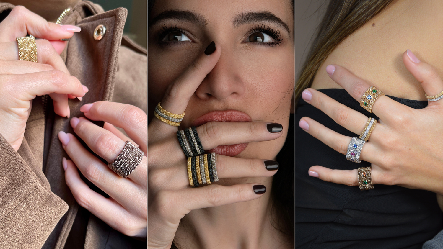Mani che indossano anelli artigianali 8911 in micro‑sfere di bronzo