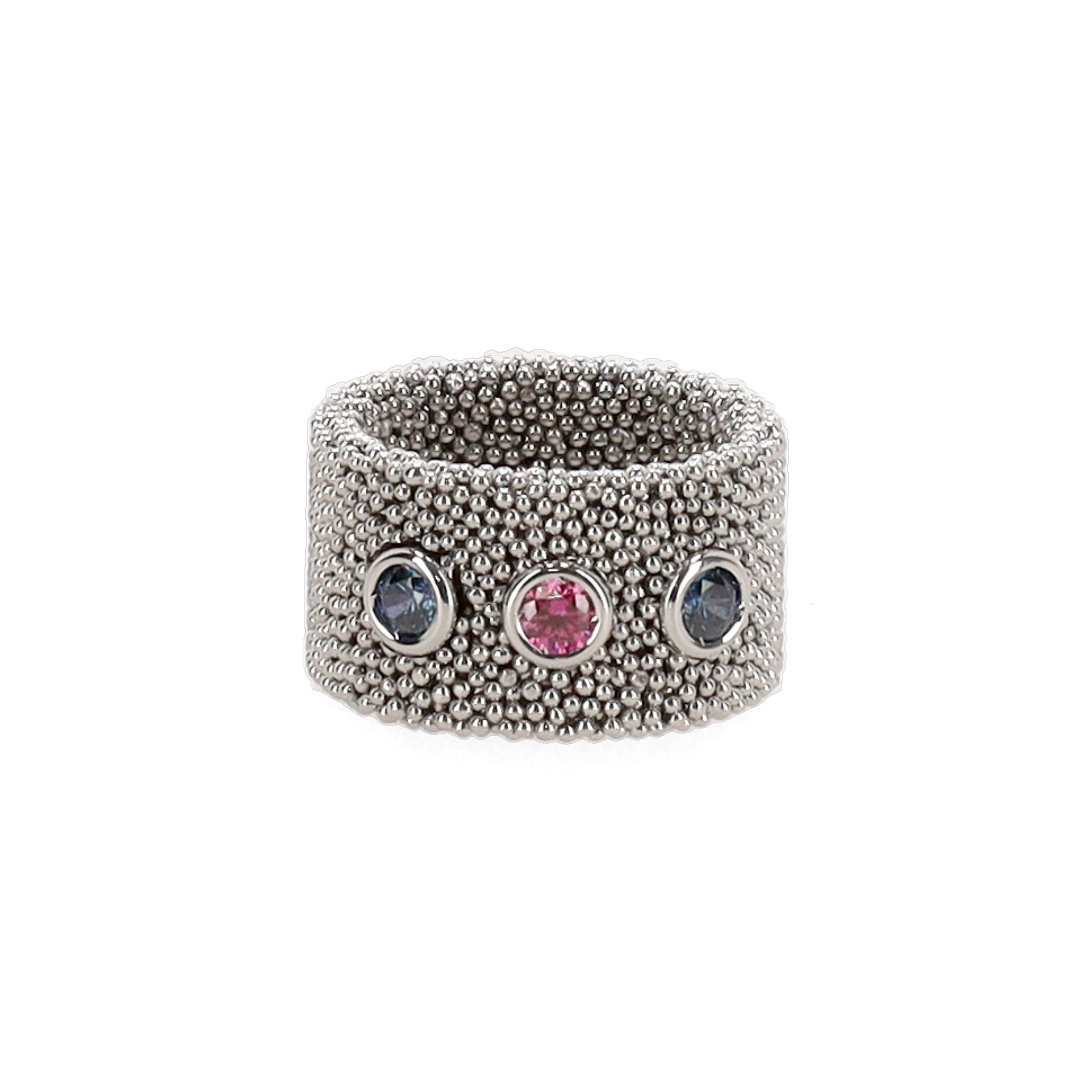 “Anello A Kiss After the Rain 8911 Gioielli in rodio con tre zirconi colorati.