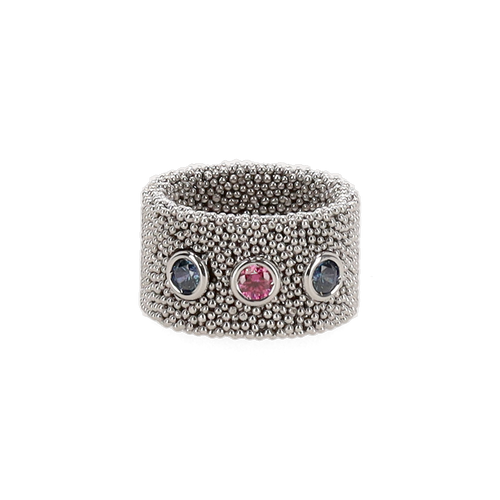 “Anello A Kiss After the Rain 8911 Gioielli in rodio con tre zirconi colorati.